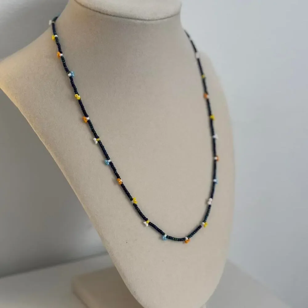 Black Beaded Necklace Yellow White Beads Handmade Unique Artisan Jewelry Gift - Picture 2 of 3